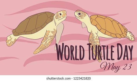 Illustration to the world day of turtles. Two sea turtles in the ocean.