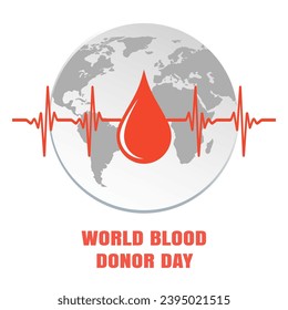 Ilustración Día Mundial del Donante. Caída roja de sangre con un pulso en el fondo del globo.