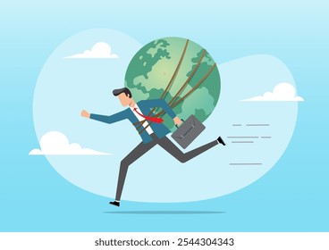 An illustration of The world economy is progressing. Businessman with a globe running forward