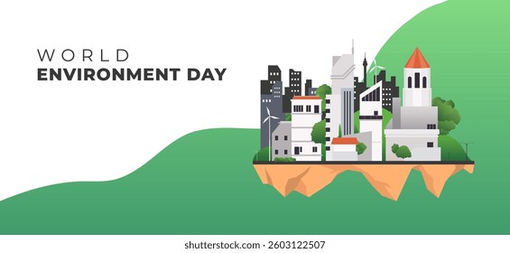 Illustration of World Environment Day featuring a modern city skyline with wind turbines and green trees, promoting sustainable living, renewable energy, and eco-friendly urban development.