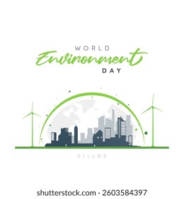 Illustration for World Environment Day on June 5th, featuring a sustainable city skyline, wind turbines, and a green eco-friendly concept promoting environmental awareness and clean energy initiatives