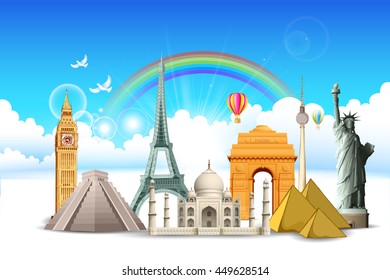 illustration of world famous monument in cloudscape for travel concept