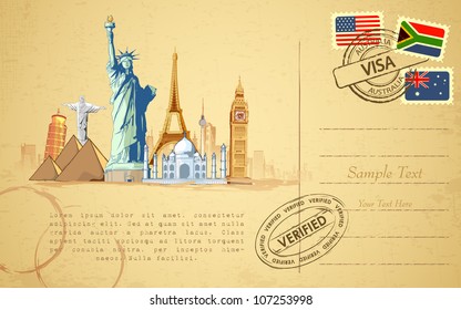 Illustration Of World Famous Monument On Travel Postcard