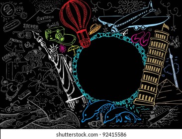 illustration of world famous monument with travel element in doodle style