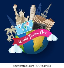 Illustration of world famous monuments with location map and photographic camera for World Tourism Day concept. Can be used as poster or template design.