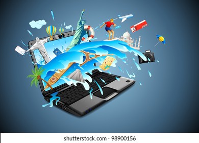 illustration of world famous monuments with travel element in splash of water from laptop