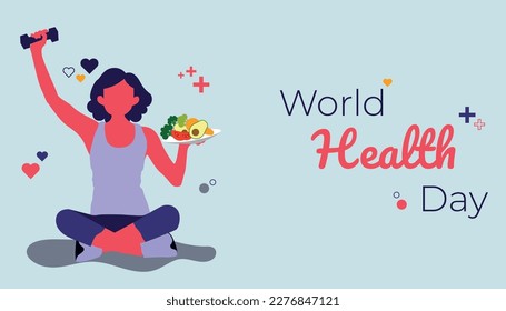 illustration of world health day woman with healthy food and dumbell in flat design landscape panoramic eps 10