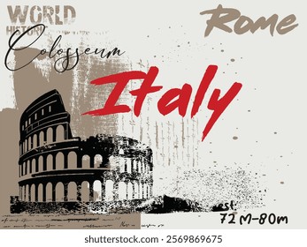 illustration of world historic buildings in Italy, Vintage typography rome city text slogan print with hand drawing ancient colosseum illustration for graphic tee t shirt - sweatshirt or poster 