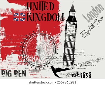 illustration of world historic buildings in  London, Urban  typography art, t shirt graphics print Elizabeth Tower illustration, hand drawn illustration of Big Ben. London skyline, Buildings and bridg