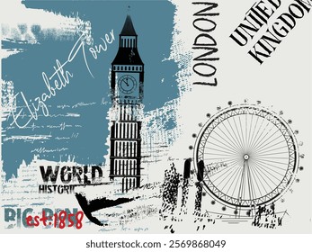 illustration of world historic buildings in  London, hand drawn illustration of Big Ben, Urban  typography art, t shirt graphics print Elizabeth Tower illustration.eps8