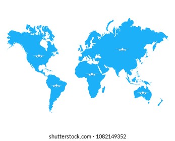Illustration of a world map with airplanes isolated on a white background.