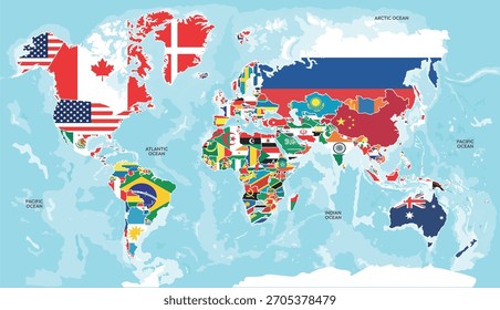 Illustration of World Map with All Countries Flags
