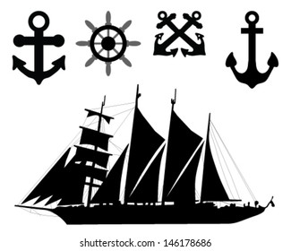 Illustration of world map,  anchors, rudders and sailboat-vector