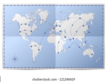 Illustration Of A World Map With Flight Routes On Folded Paper