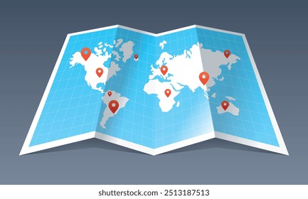 Ilustración de un mapa del mundo con marcadores de geolocalización. Mapa de viaje. Marcadores de Locación en el mapa mundial