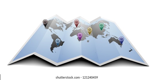 Illustration Of A World Map With Gps Symbols On Folded Paper