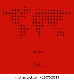 An illustration of a world map made from dots on red background. 