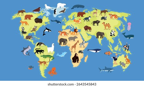 Illustration of the world map with many animals. Vector illustration.