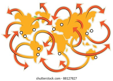 Illustration of world map and a many arrows as a symbol of communication and travel