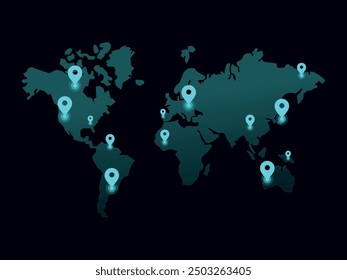 Illustration of a world map with marked location pins. World map hologram with locations