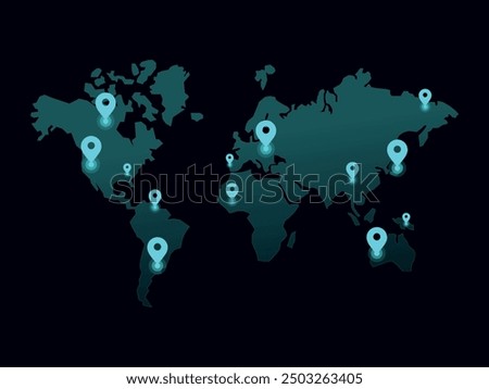 Illustration of a world map with marked location pins. World map hologram with locations