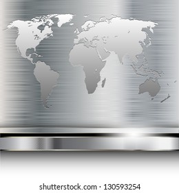 Illustration of a world map on metallic background. Vector.