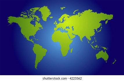 Illustration of a world map in traditional colors showing land and ocean