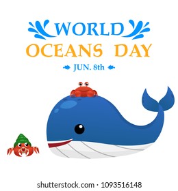 Illustration World Oceans Day , Conserve Aquatic and Natural Living in the Ocean , Cute Cartoon Character , Typography , vector eps10 design