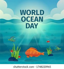 Illustration World Oceans Day , Conserve Aquatic and Natural Living in the Ocean , Cute Cartoon Character . Realistic sea scene with underwater sun beams. Vector illustration.