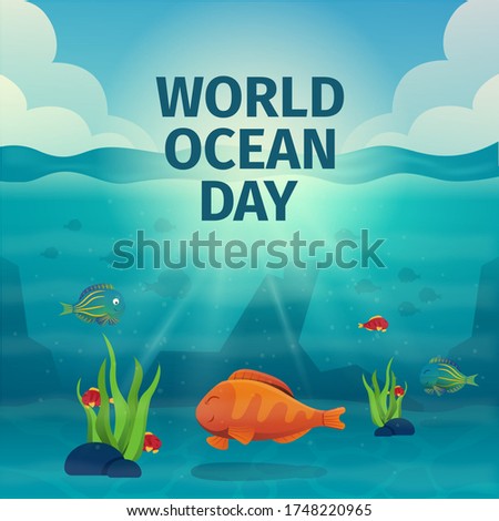 Illustration World Oceans Day , Conserve Aquatic and Natural Living in the Ocean , Cute Cartoon Character . Realistic sea scene with underwater sun beams. Vector illustration.