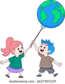  Illustration of world peace with children holding globe shaped balloons.
