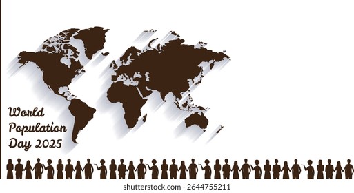 Illustration for World Population Day 2025 showing a world map with long shadows and diverse human silhouettes holding hands. A symbolic visual promoting unity, awareness, and global population issues