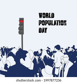 Ilustración del Día Mundial de la Población. Ritmo de gente en la tierra indica con luz roja de la señal de tráfico