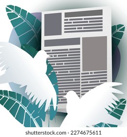 Illustration for World Press Freedom Day. Image of a newspaper and doves on a background of green leaves. Vector illustration.