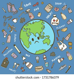The illustration of the world with sadness face expression. The world pollution, generation waste Items floating and surrounding the planet, lovely color and design.