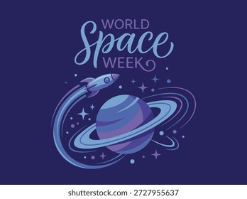 Uma ilustração para a Semana Mundial do Espaço apresentando um foguete orbitando o planeta Saturno, cercado por estrelas.