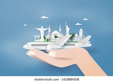 Illustration of world tourism day, Paper art stlye.