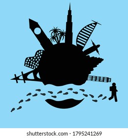 Illustration of world tourism day Traveling the planet. Tourism. Landmarks of the globe. Wonders of the world