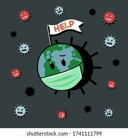 The illustration of the world under the shadow of coronavirus.  The earth with sadness face wearing surgical face mask surrounding by coronavirus cells, raised white flag with word “help”