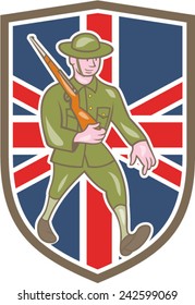 Illustration of a World War one British soldier serviceman marching with assault rifle viewed from side set inside shield with UK British flag in the background done in cartoon style.