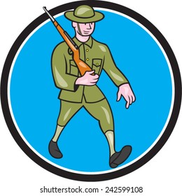 Illustration of a World War one British soldier serviceman marching with assault rifle viewed from side set inside circle on isolated background  done in cartoon style.