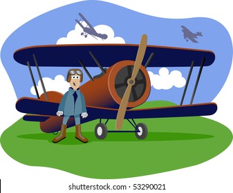 Illustration of a world war one flying ace standing next to his bi-plane.