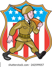 Illustration of a World War two American soldier serviceman marching with assault rifle viewed from side set inside shield with American Stars and stripes flag in the background done in cartoon style.