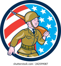 Illustration of a World War two American soldier serviceman marching with assault rifle viewed from side set inside circle with American Stars and stripes flag in the background done in cartoon style.