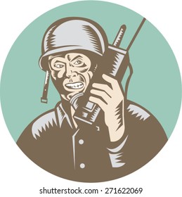 Illustration of a World War two American soldier serviceman talking on field radio walkie-talkie viewed from front set inside circle on isolated background done in retro woodcut style. 