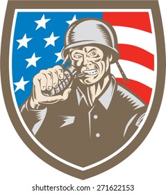 Illustration of a World War two American soldier serviceman biting grenade viewed from front inside shield crest with usa american stars and stripes flag the background done in retro woodcut style. 