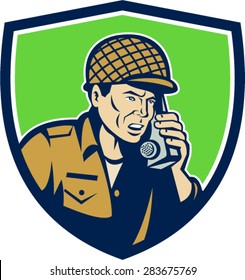 Illustration of a World War two American soldier serviceman talking on field radio walkie-talkie viewed from front set inside shield crest on isolated background done in retro style. 