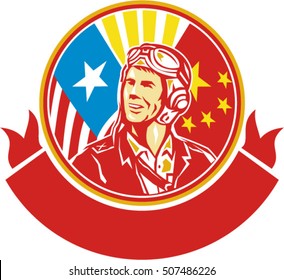 Illustration of a world war two pilot airman aviator smiling looking to the side with USA and China flags in the background in the background set inside circle done in retro style. 