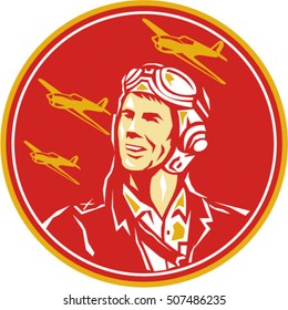 Illustration of a world war two pilot airman aviator smiling looking to the side with fighter planes in the background set inside circle done in retro style. 