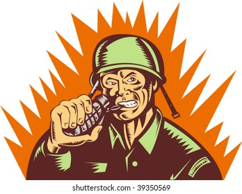 illustration of a world war two soldier pulling pin of hand grenade